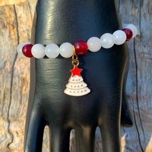 Genuine White Jade & Red Chalcedony w Christmas Tree Charm